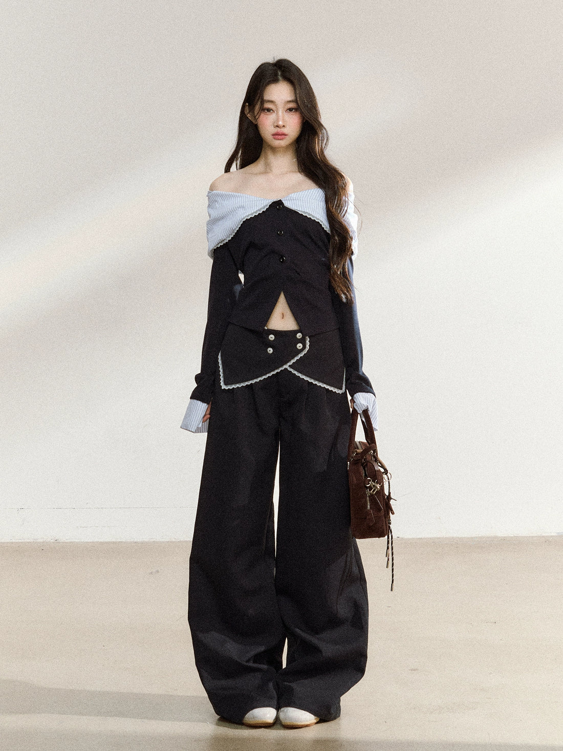 Off-Shoulder Striped Lapel Blouse &amp; Pants Set