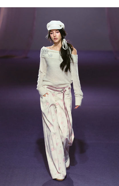 Floral Satin Wide-Leg Tailored Trousers