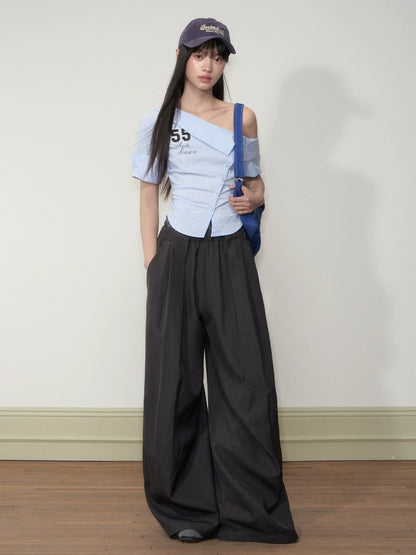 Pure-desire Asymmetric-shoulder Waist-cinching Blouse