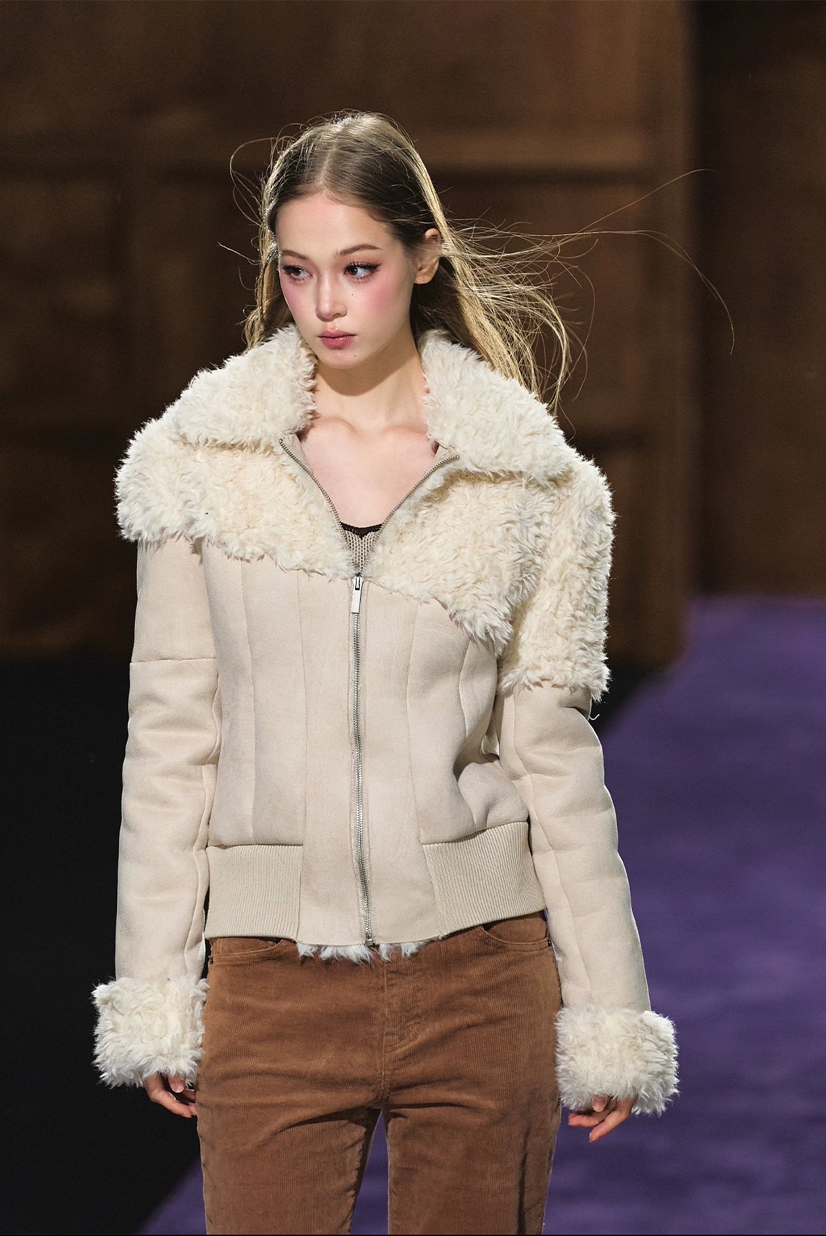 Faux Shearling Fitted Fur-Collar Jacket