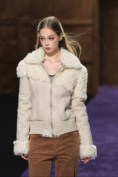 Faux Shearling Fitted Fur-Collar Jacket