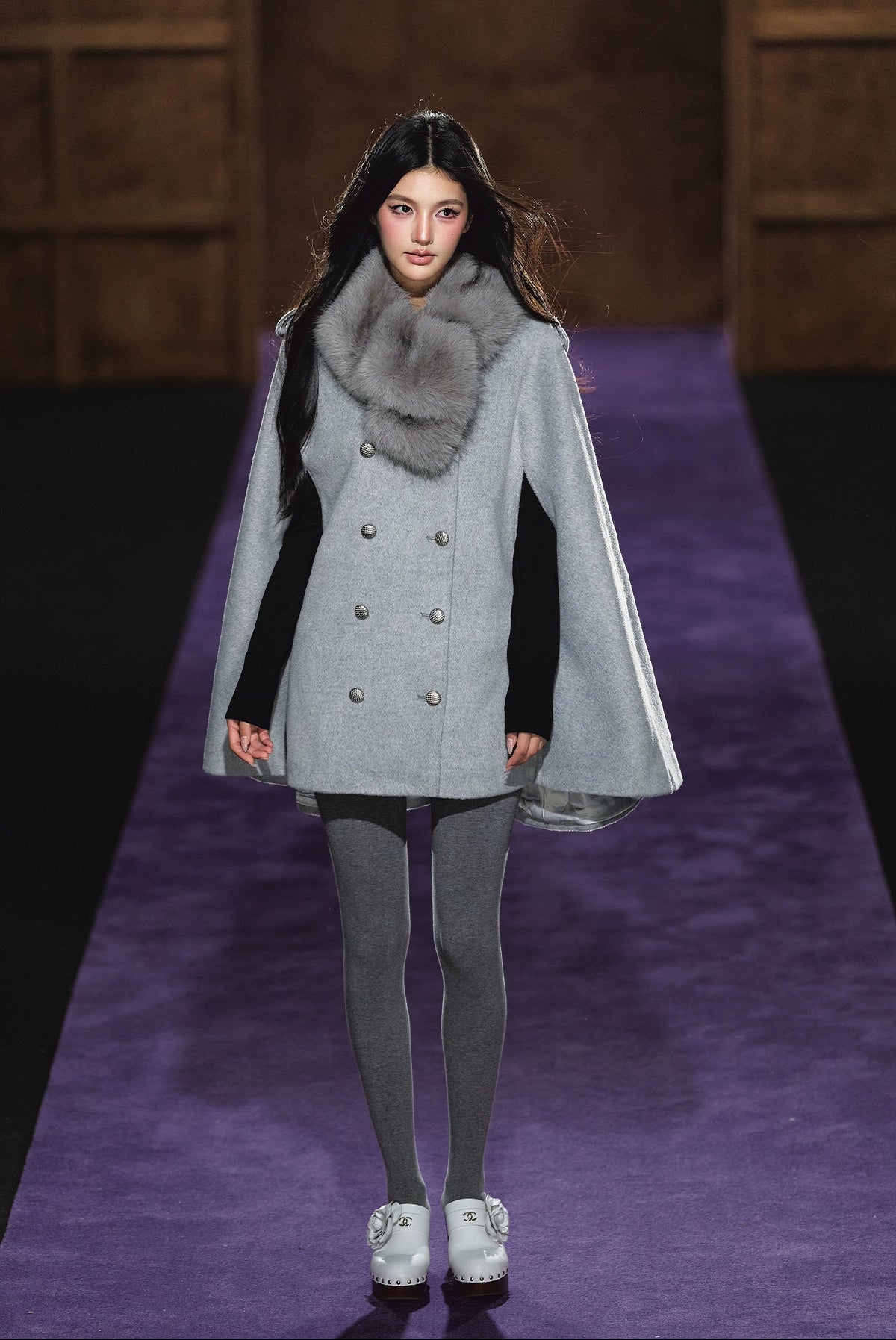 Wool-Blend Detachable Fur-Collar Cape Coat