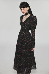 Bear Floral Lace Waist-cinching V-neck Midi Dress - CHINASQUAD