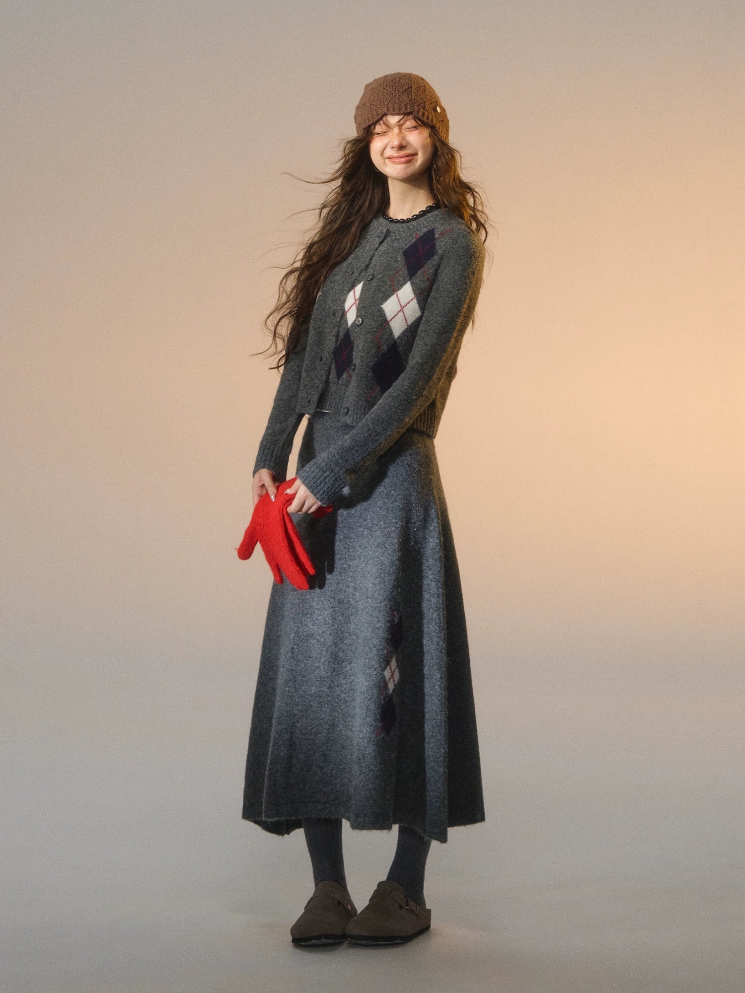 Floral Diamond Knit Vest / Cardigan / Skirt Set