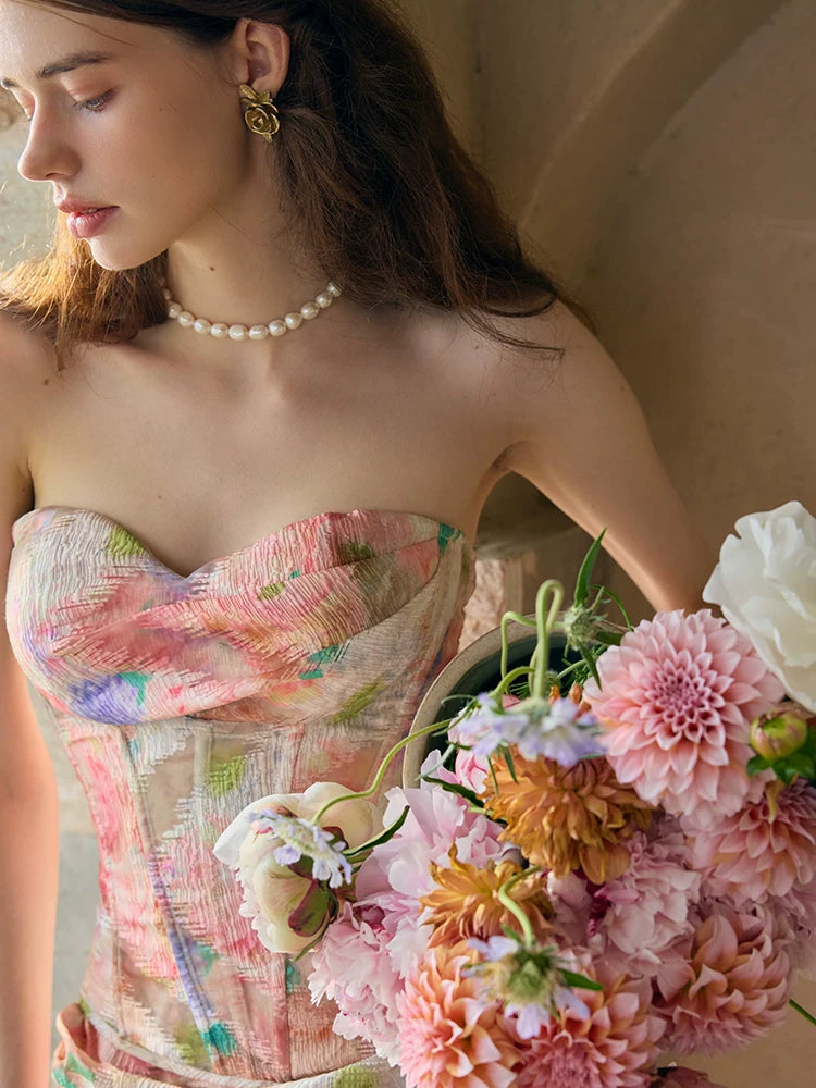 Romantic Oil-Paint Lace Corset Top &amp; Skirt Set