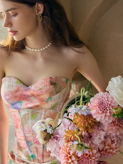 Romantic Oil-Paint Lace Corset Top &amp; Skirt Set