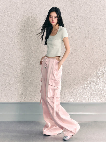 (Final Sale) Gray &amp; Pink Satin Low-Rise Wide-Leg Pants