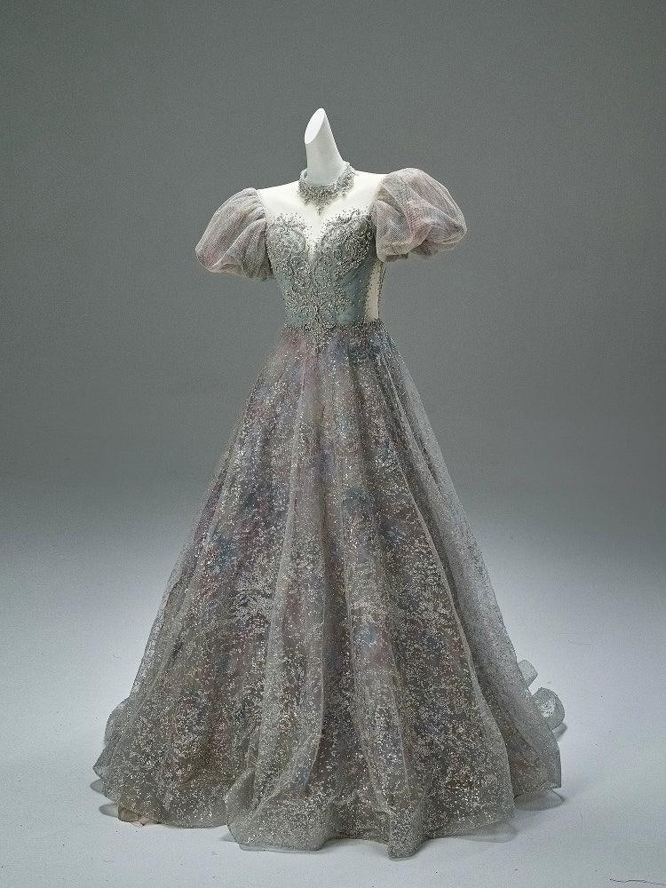 Light Drift Floral Tulle Gown with Puff Sleeves