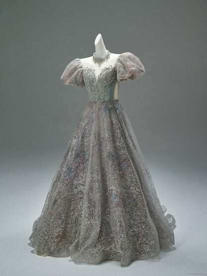 Light Drift Floral Tulle Gown with Puff Sleeves