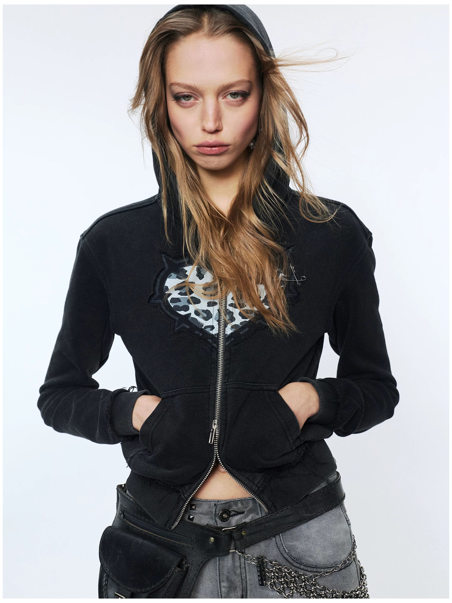 Love Leopard Print Embroidered Zip Hoodie
