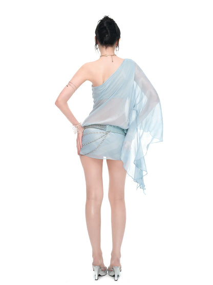 Ice Blue Asymmetric Shimmer Chiffon Bodycon Dress