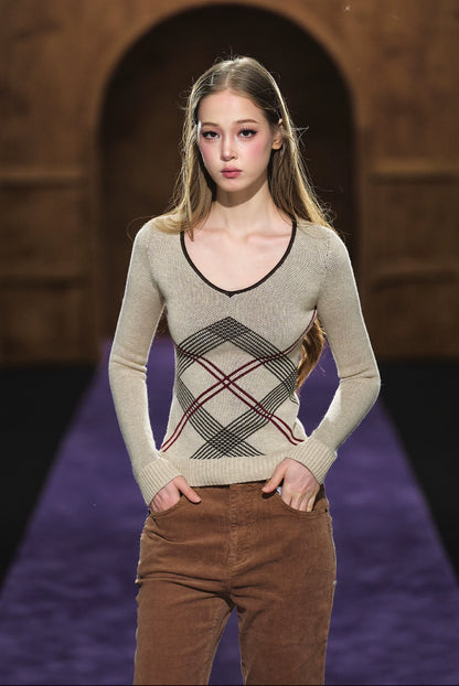 Vintage Check Contrast Slim-Fit Knit Crewneck