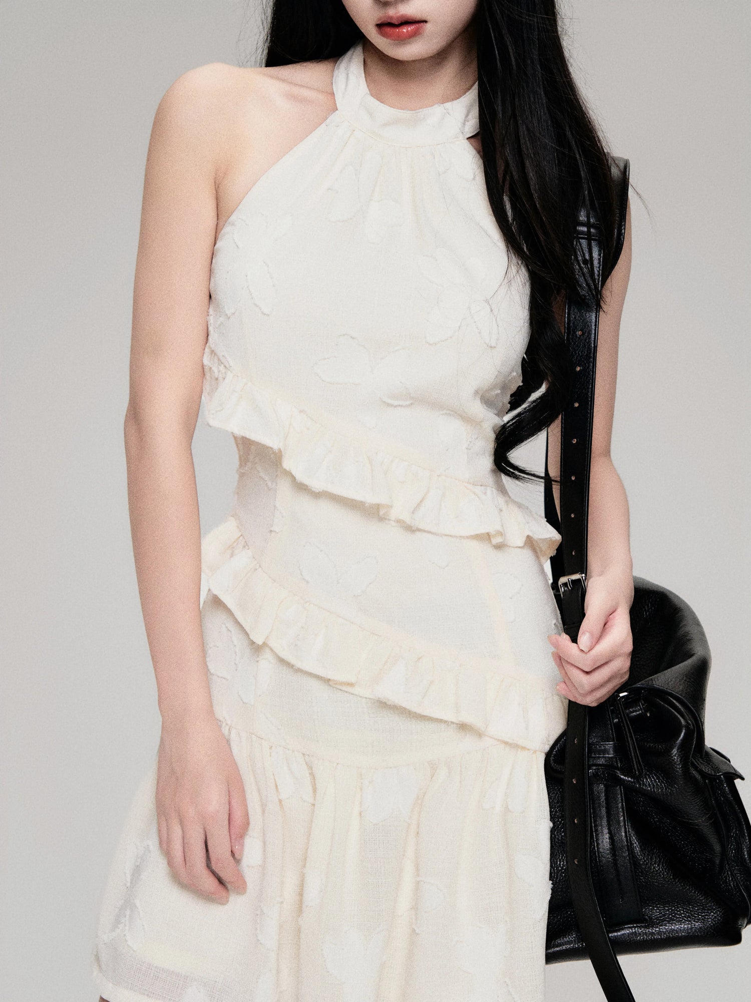 Textured Cut-Out Floral Halter Mini Dress