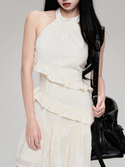 Textured Cut-Out Floral Halter Mini Dress