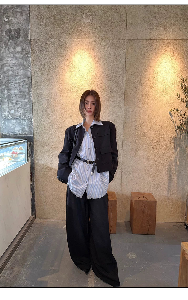 Asymmetric Pleated Stripe Cotton Shirt