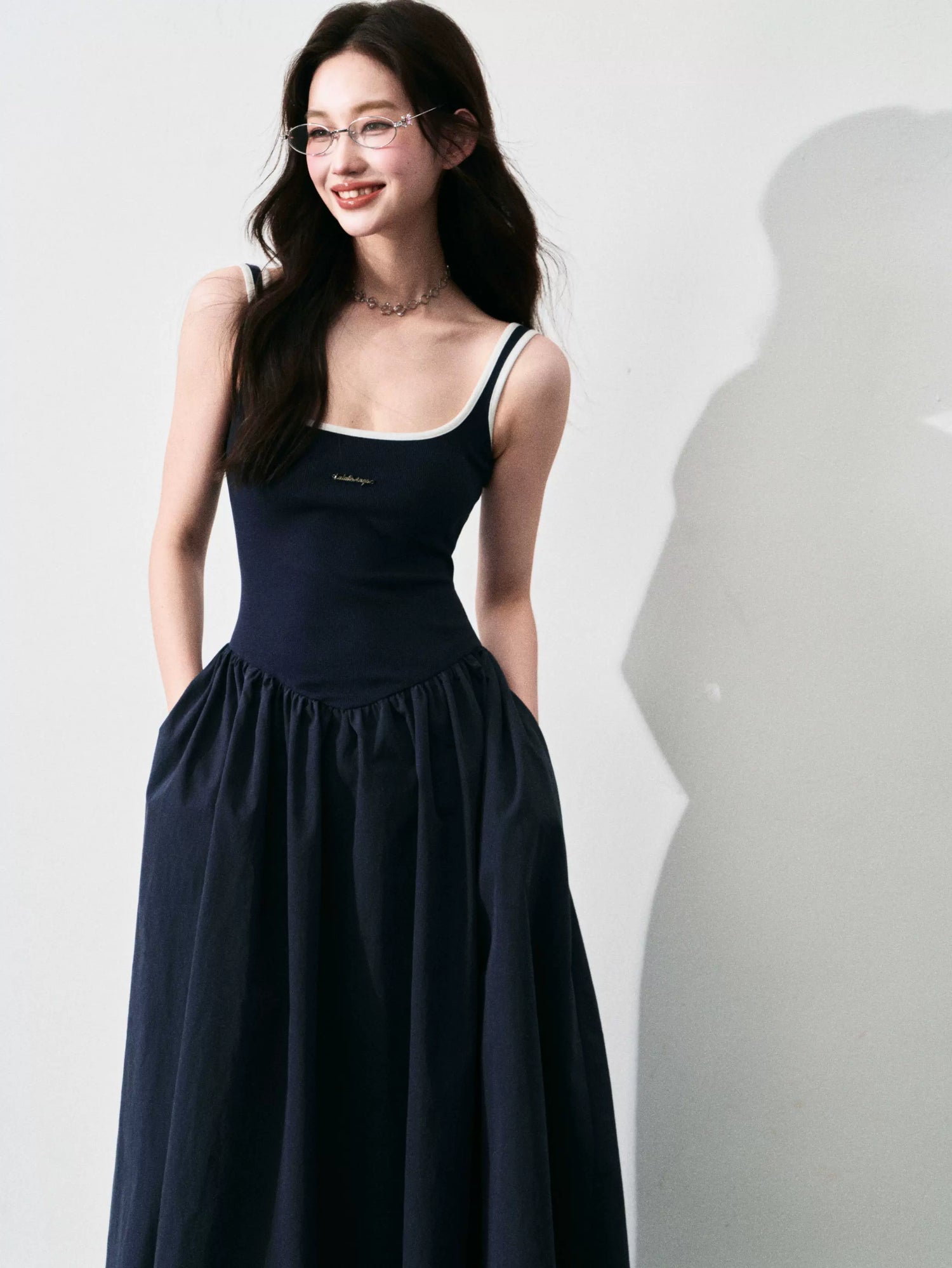 Contrast-Trim Backless Slip Maxi Dress