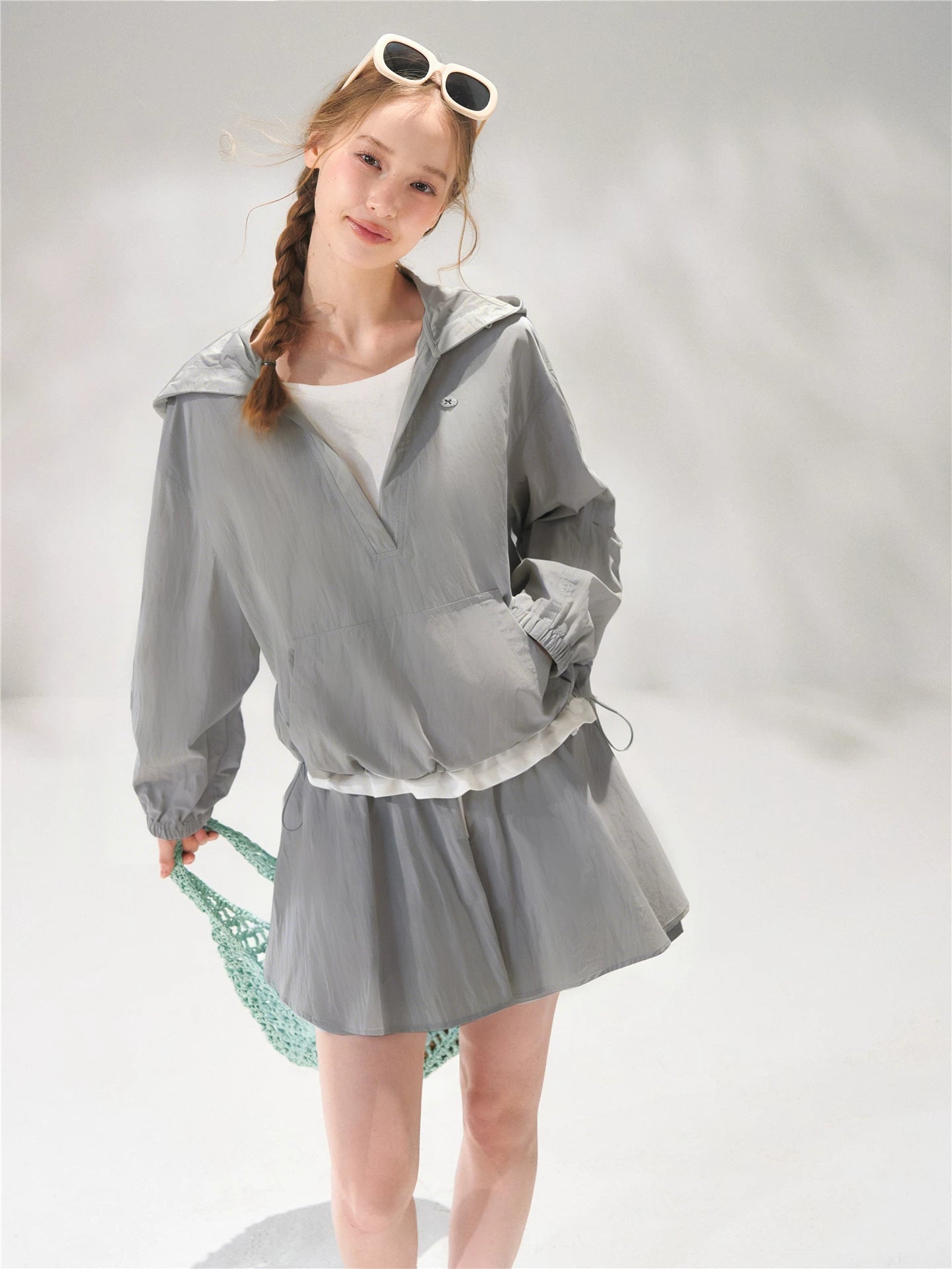 Hooded Drawstring Sun-Protective Jacket &amp; A-Line Skirt Set