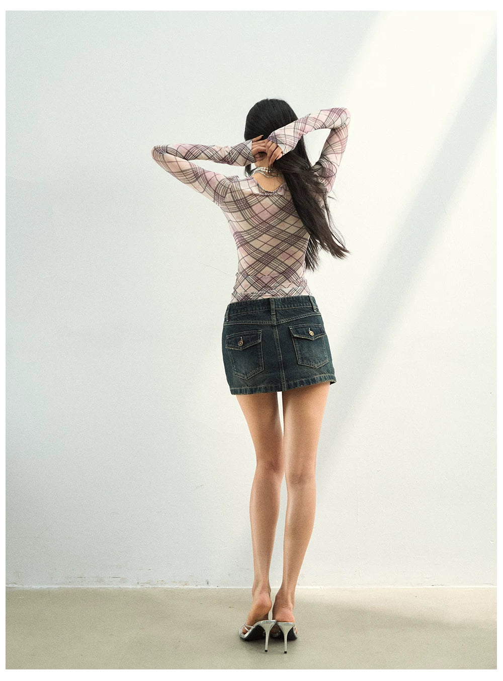 Plaid Lace Trim Mesh Long Sleeve Top
