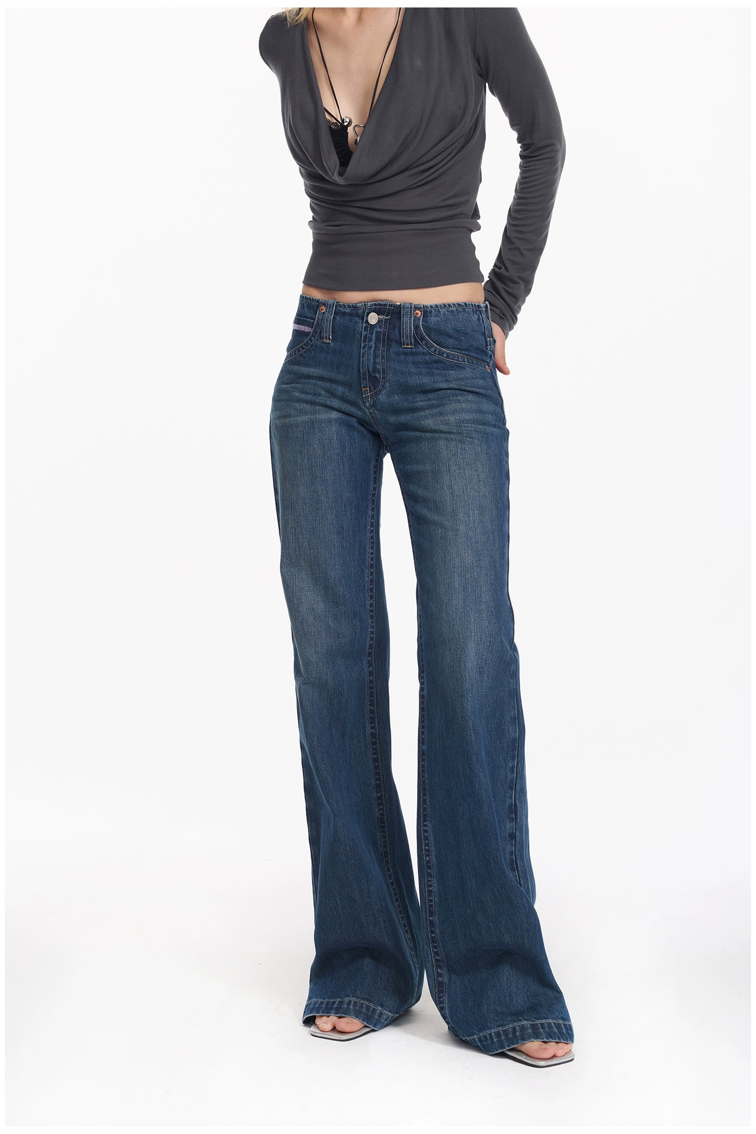 Washed Blue Embroidered Straight Jeans - CHINASQUAD