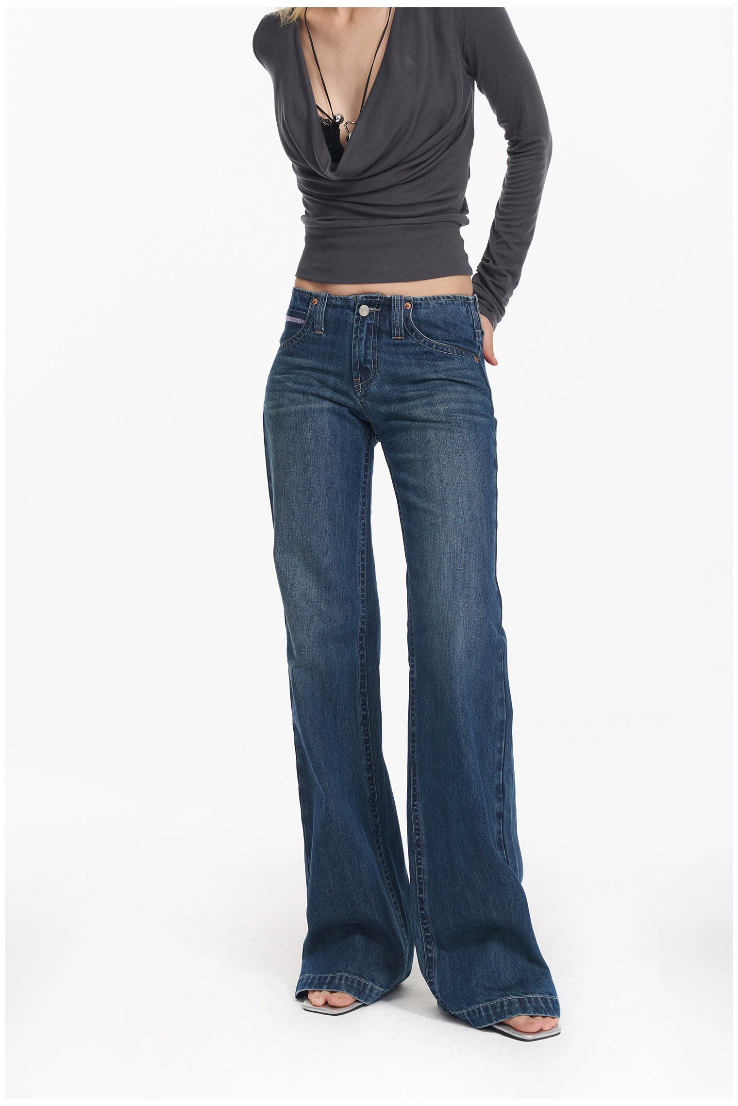 Washed Blue Embroidered Straight Jeans - CHINASQUAD