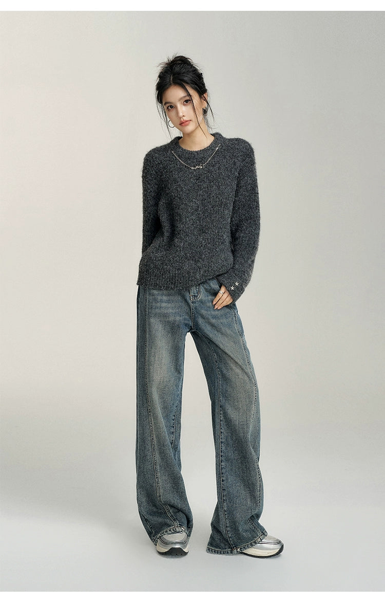 Heart-Patterned Fleece-Lined Wide-Leg Denim Pants