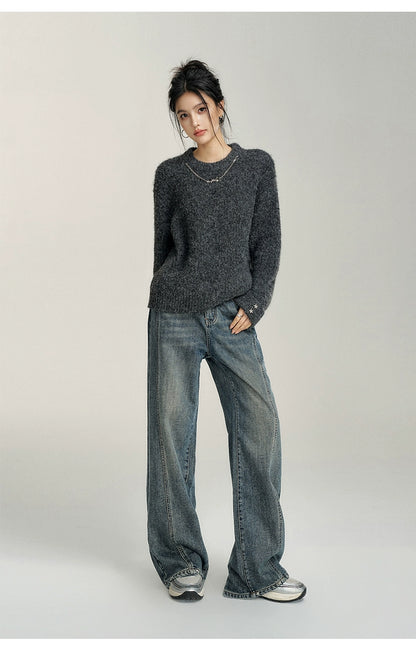 Heart-Patterned Fleece-Lined Wide-Leg Denim Pants