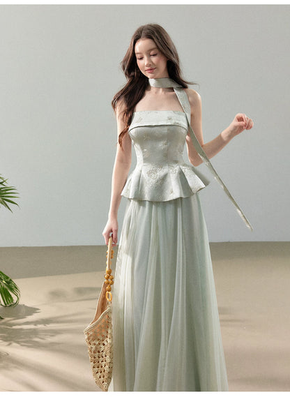 Floral Jacquard Corset Top &amp; Sheer Mesh Skirt Set