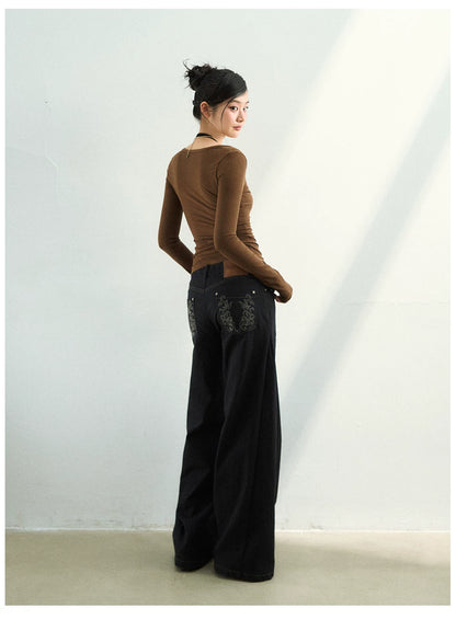 Wave-Embroidered Wide-Leg Straight Pants