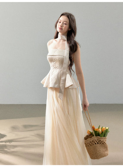 Floral Jacquard Corset Top &amp; Sheer Mesh Skirt Set