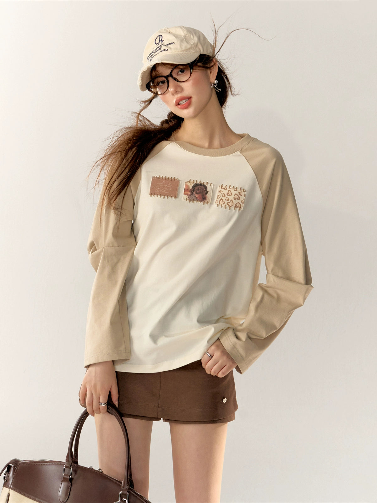 Contrast Patch Print Crewneck Long Sleeve