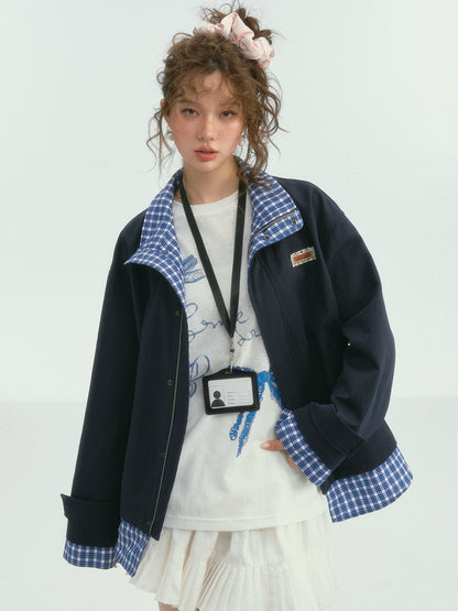 Plaid Splicing Stand Collar Windbreaker Jacket