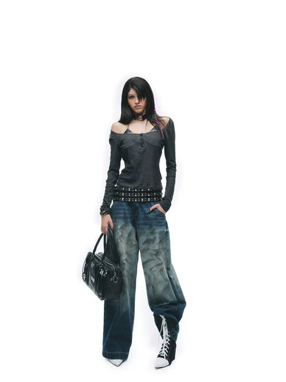 Y2K Grunge Washed Off-Shoulder Layered Long Sleeve Top