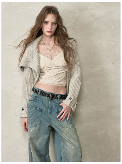Oversized Lapel Asymmetrical Zip Knit Cardigan