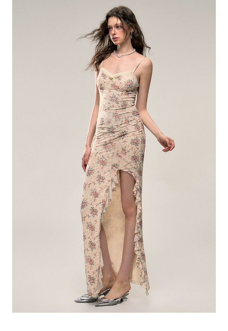 Long Floral Skirt with Waist-cinching and High Slit