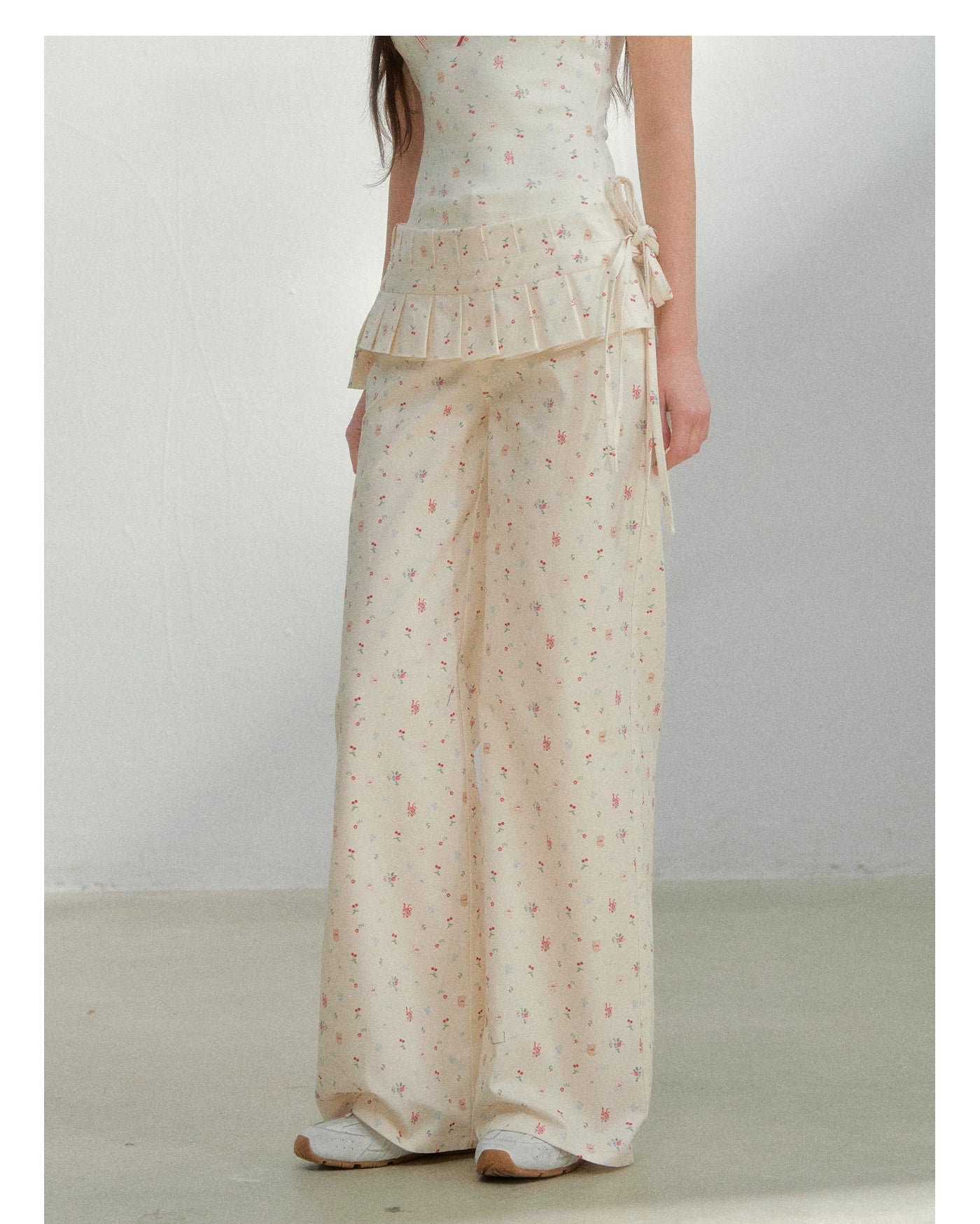 Original Floral Pleated Tail Long Pants