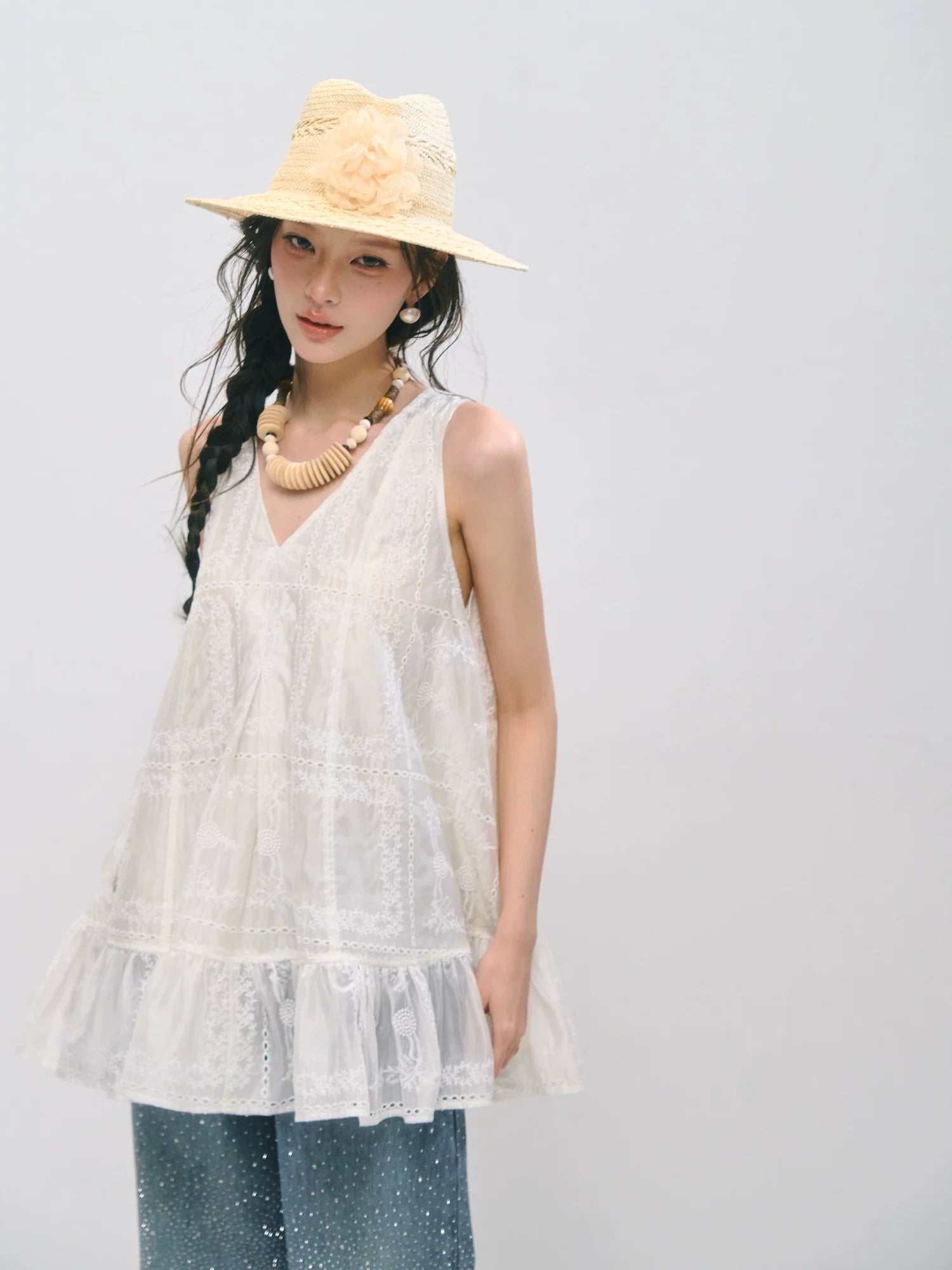 Embroidered Ruffle Trim Sleeveless Dress