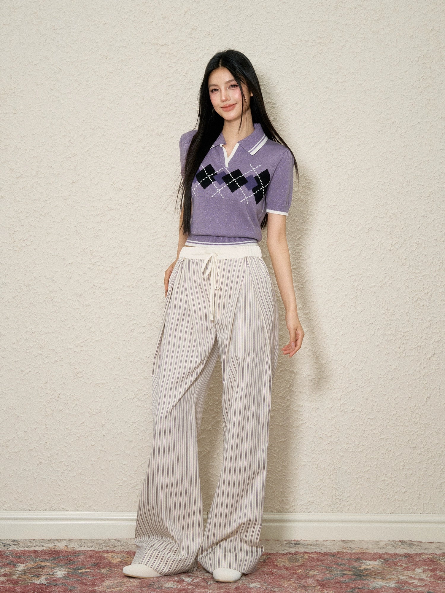 Elastic Waist Striped Pleated Wide-Legged Pants