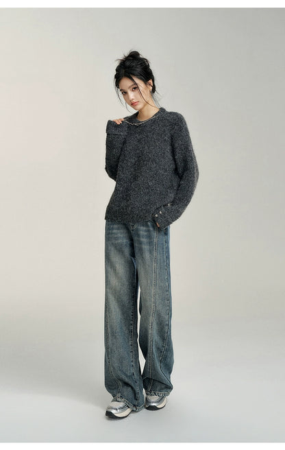 Heart-Patterned Fleece-Lined Wide-Leg Denim Pants