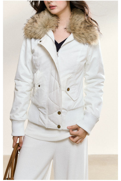 White Faux Fur Collar Quilted Short Jacket