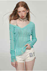 Hollow Out Waist-Cinched Knitted Blouse - CHINASQUAD