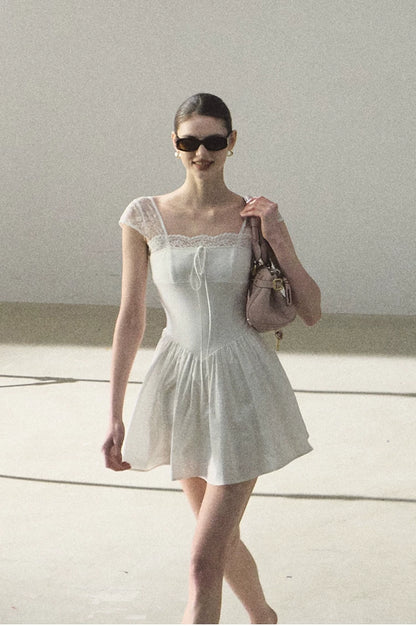 Lace-Spliced Cinched-Waist Vacation Camisole Dress