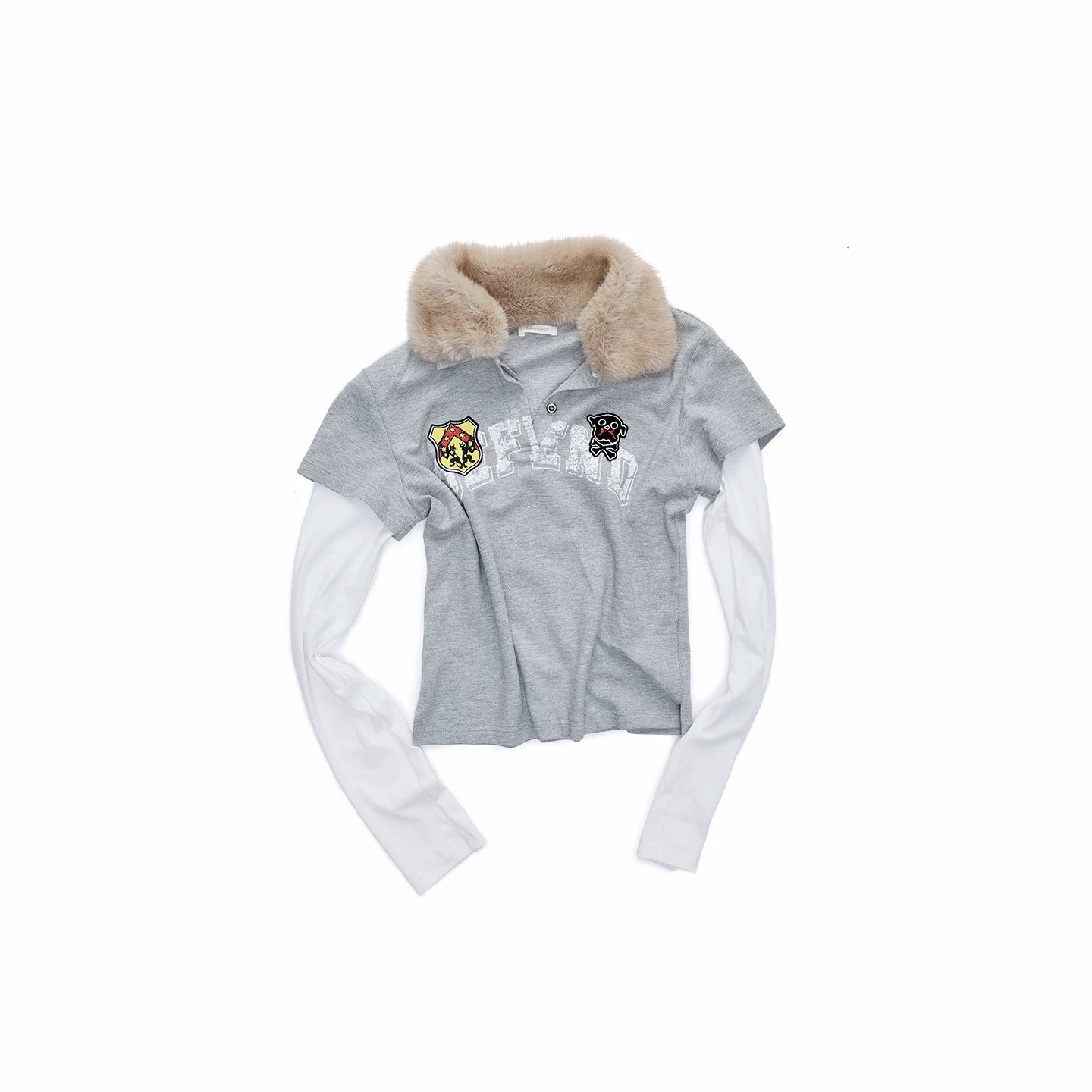 Layered Polo Long Sleeve Top with Faux Fur Collar