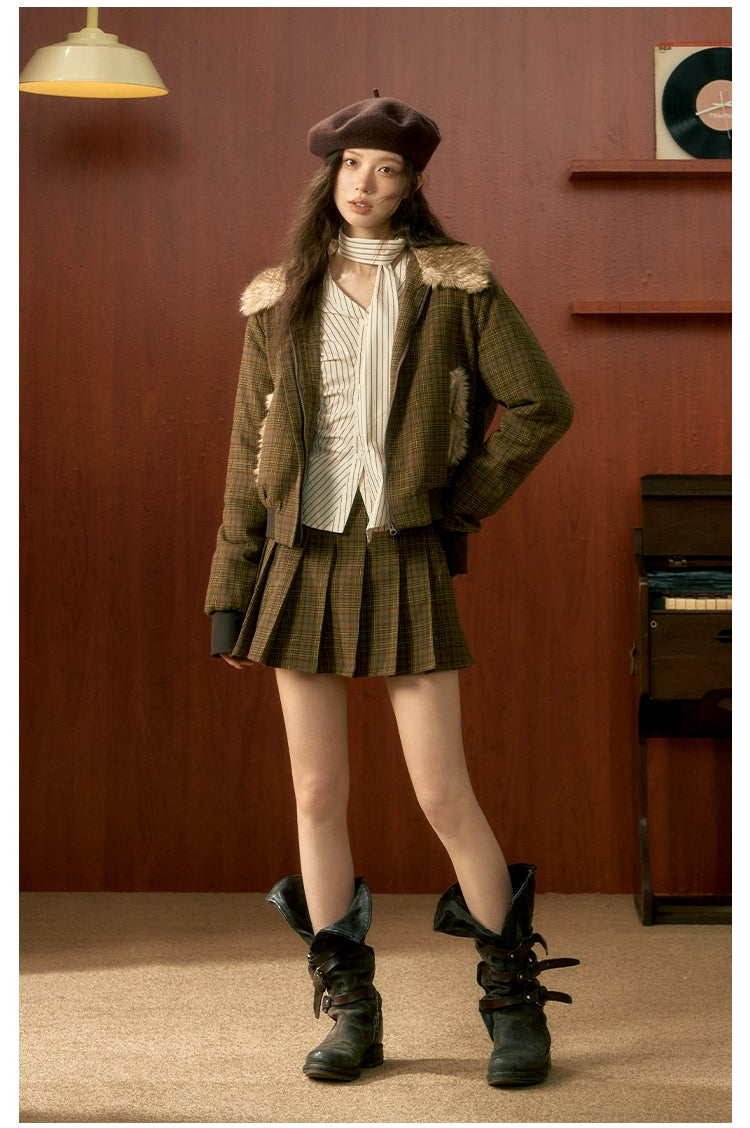 Khaki Plaid Patchwork Shearling Jacket &amp; Pleated Skirt Set - CHINASQUAD