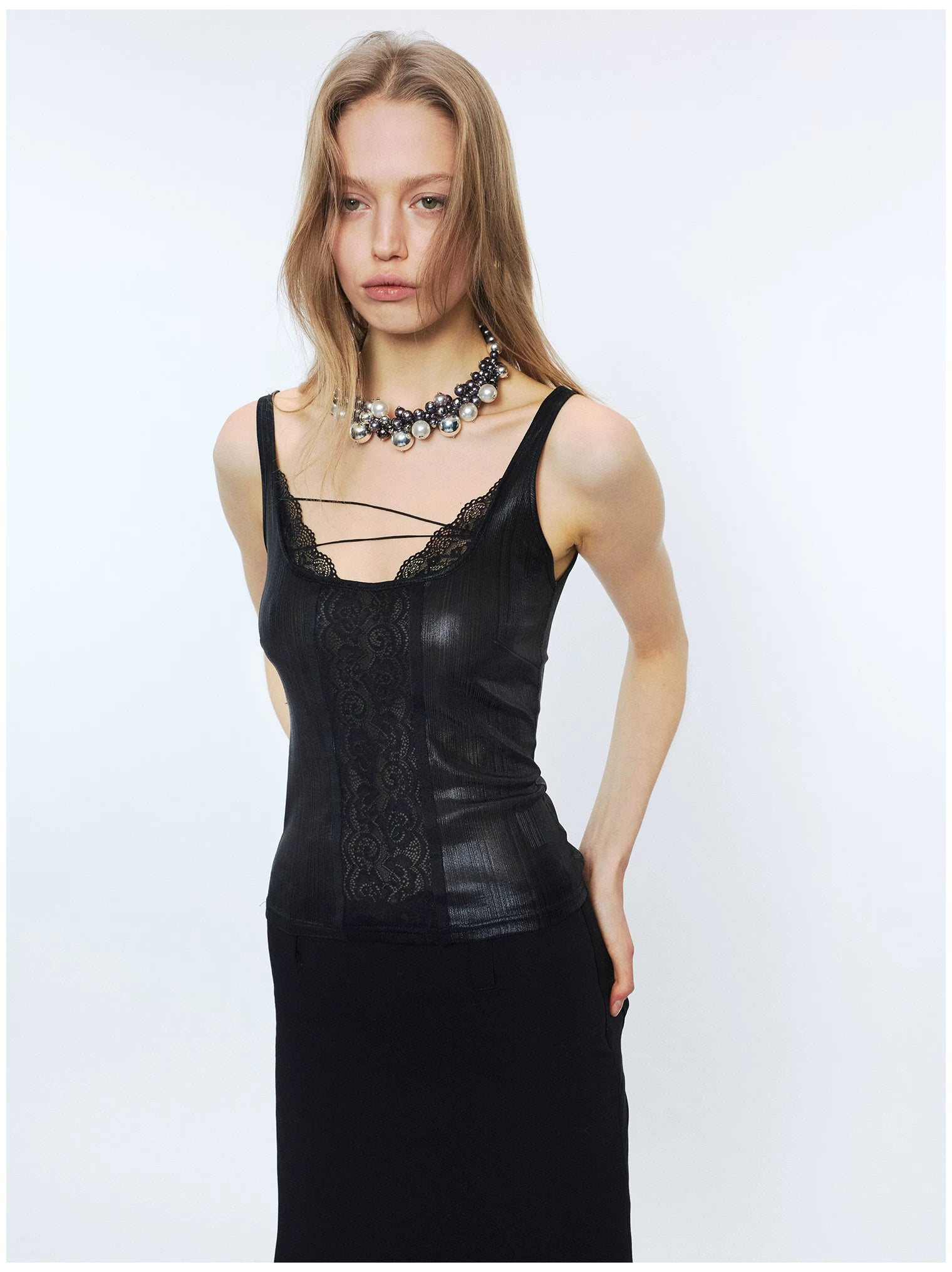 Lace Panel Square-Neck Tie Strap Camisole