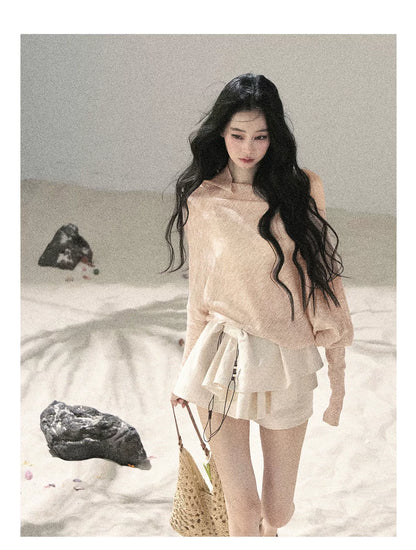 Sheer Off-Shoulder Sun Protection Knit Top Set