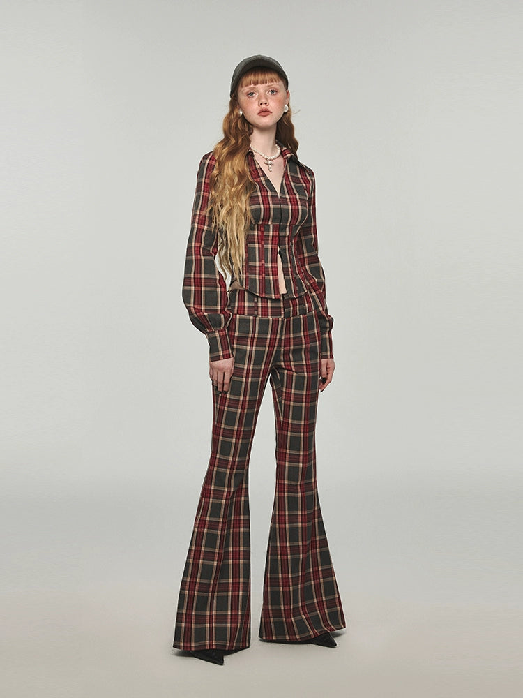 Plaid &amp; Leopard Slim-Fit Flared Pants - CHINASQUAD