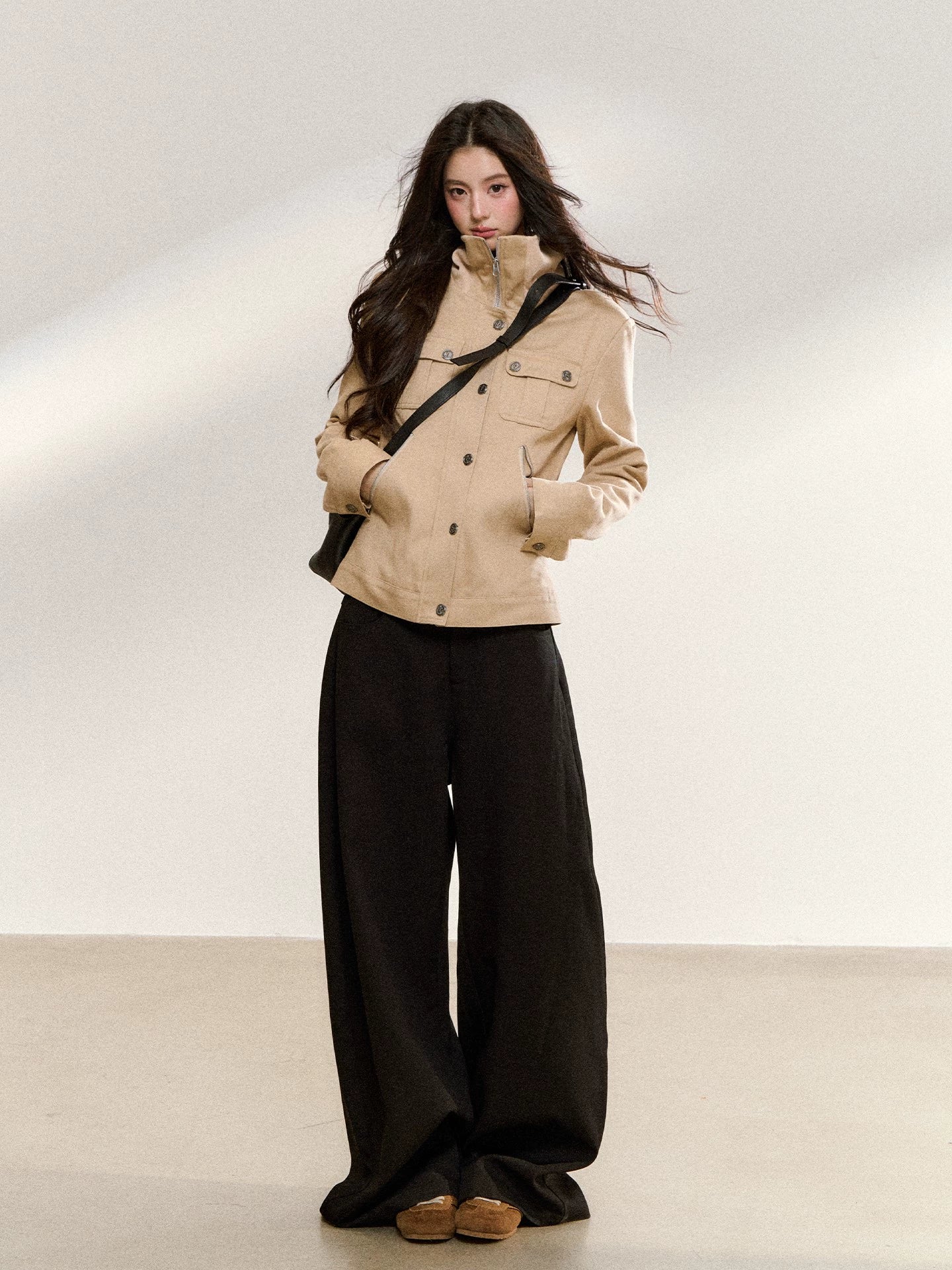 Vintage Suede Stand-Collar Fitted Jacket
