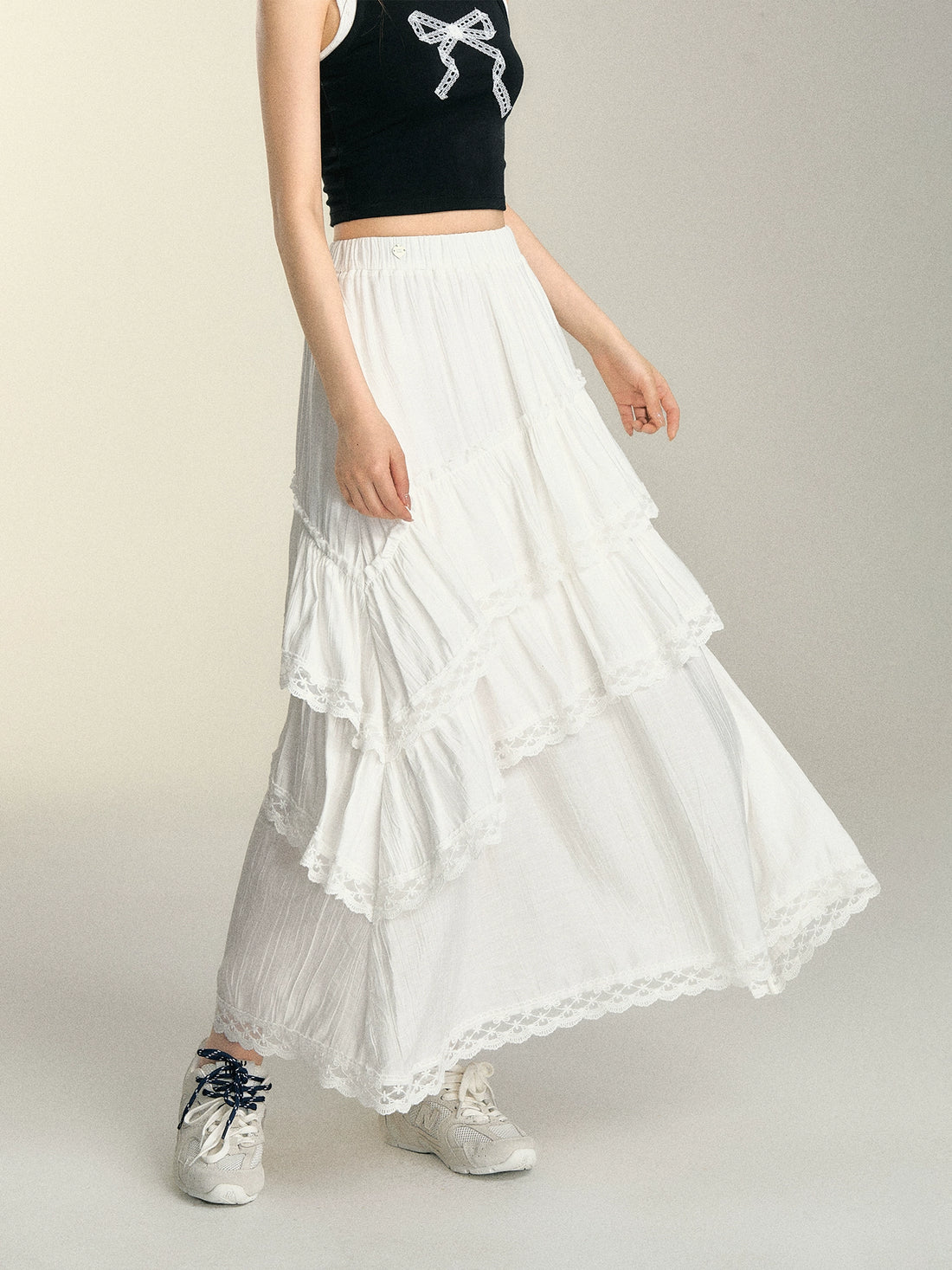 White Lace Patchwork Midi Skirt