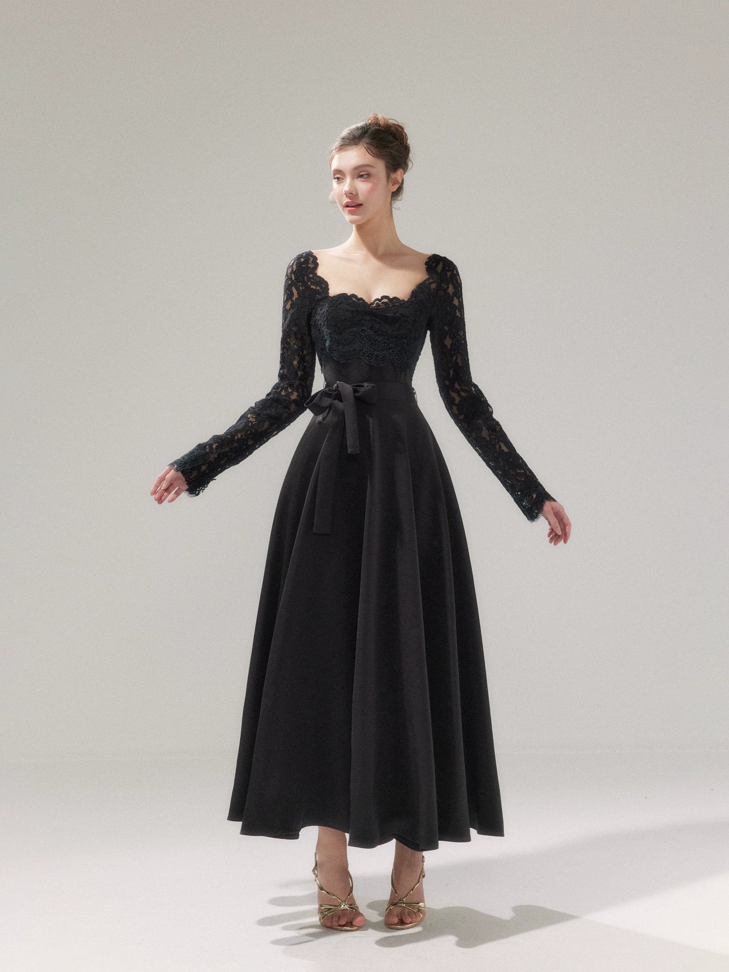 Lace Cinched-Waist Full-Skirt Evening Dress