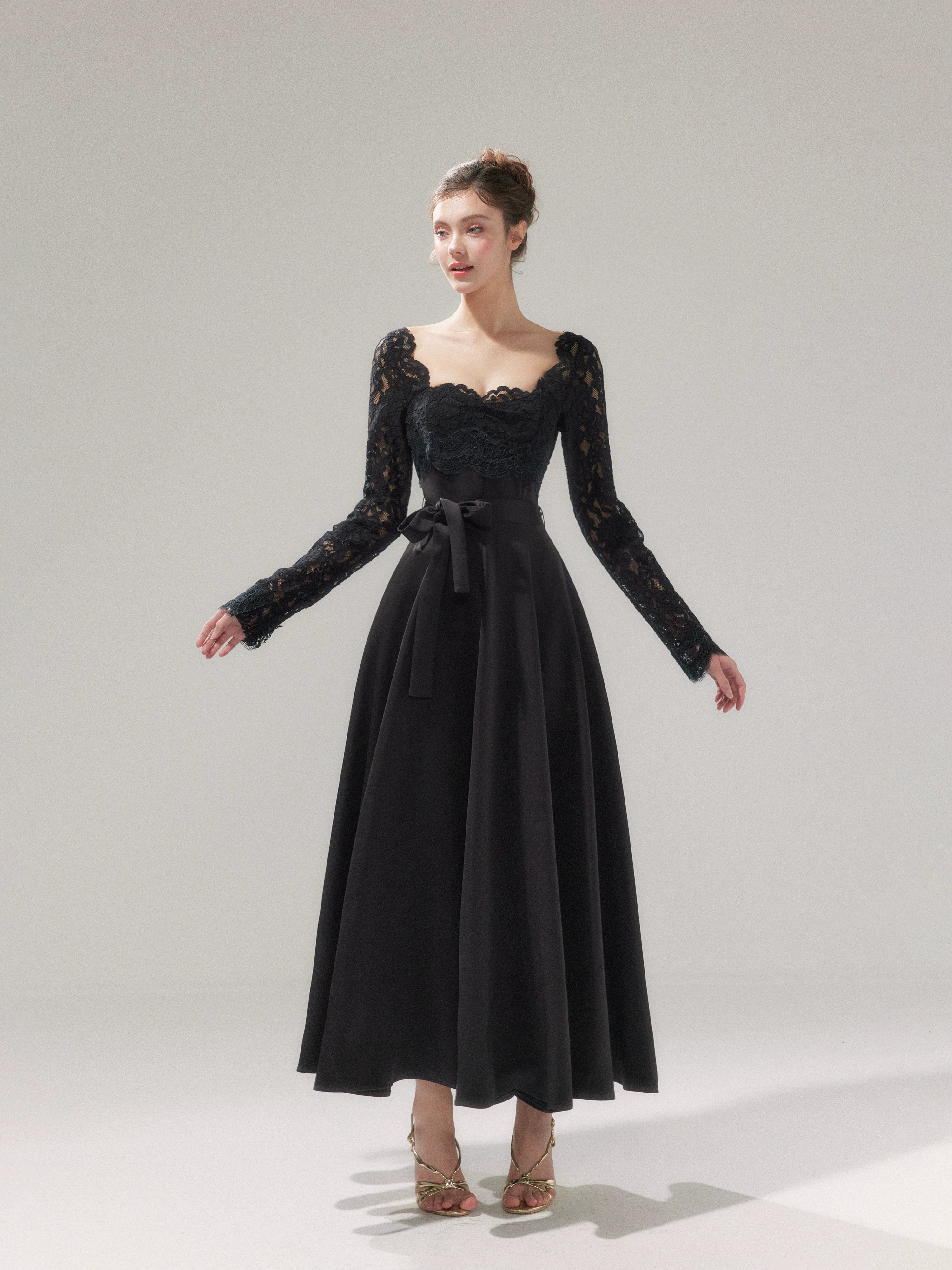 Lace Cinched-Waist Full-Skirt Evening Dress